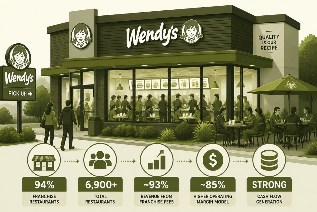 Wendy's restaurant storefront with customers visible through windows during busy service hours, showing the franchise operation in action with red signage and outdoor seating