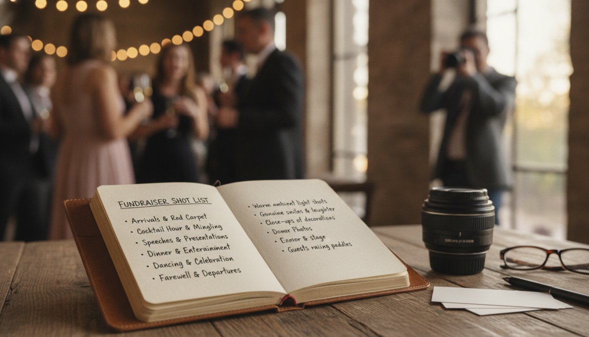Professional photographer capturing a candid moment of donors interacting warmly at a fundraiser gala, with genuine engagement and emotional connection visible, soft warm lighting illuminating their faces
