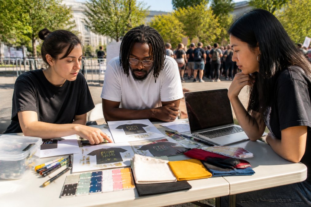 Step-by-step process for creating custom fundraiser t-shirts during a collaborative outdoor design session.