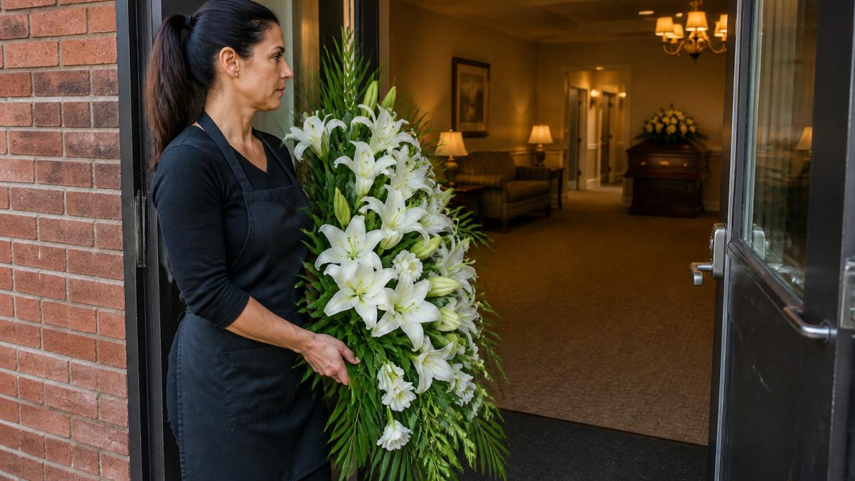 A florist in an apron carrying a standing spray of white lilies and greenery through the entrance of a funeral home, with a quiet, softly lit visitation room visible in the background