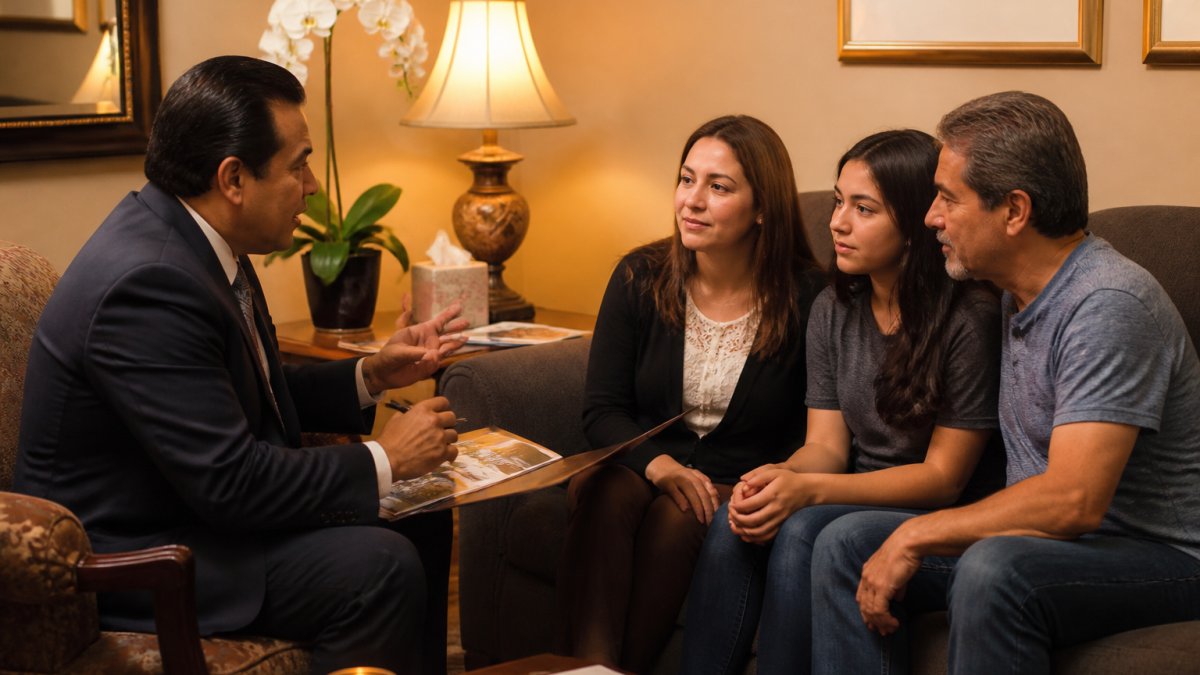 Funeral director speaking with a Spanish-speaking family in a warm, welcoming mortuary consultation room with soft lighting and comfortable seating