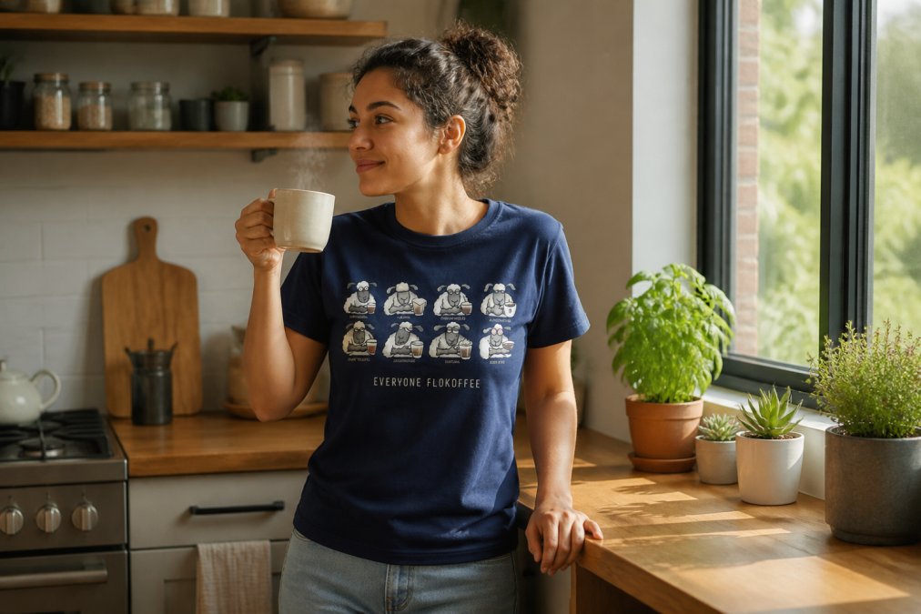 Person wearing a coffee-themed funny t-shirt in a cosy home kitchen, holding a steaming coffee mug, natural morning light streaming through a window