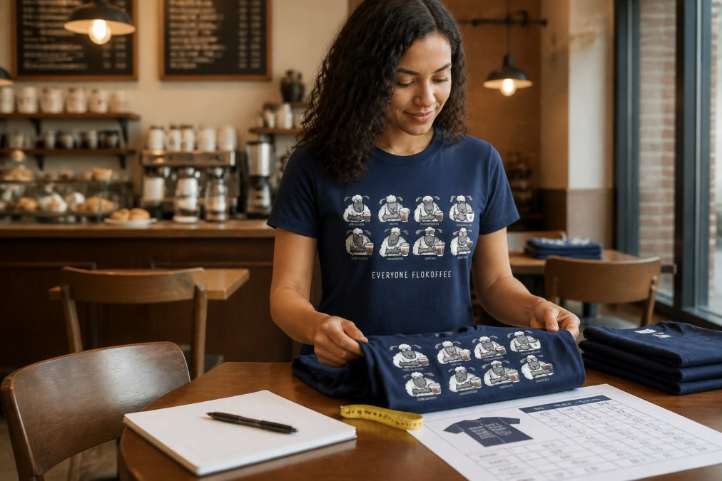 Person carefully examining a folded graphic t-shirt next to a detailed size chart, checking measurements against the garment, natural indoor lighting
