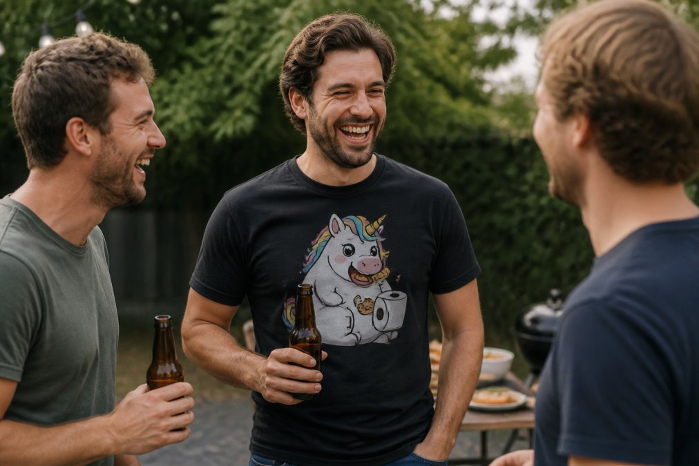Man wearing a funny novelty t-shirt laughing with friends at a casual backyard gathering, design clearly visible on the shirt, natural afternoon lighting