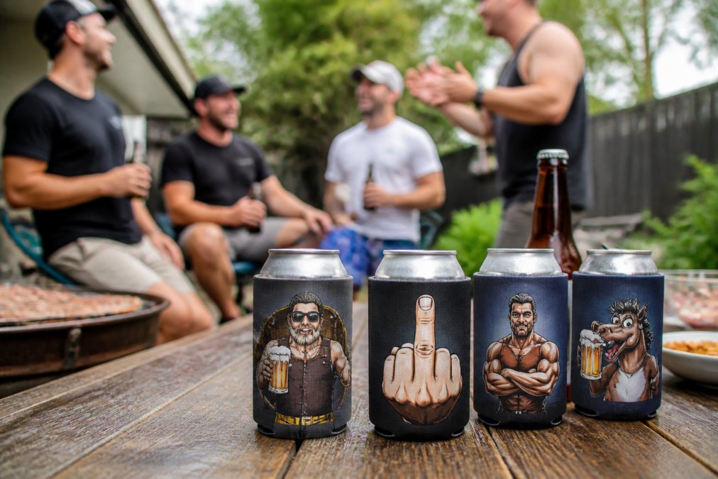 Close-up of custom stubby holders with humorous designs on a table at a backyard barbecue, cold drinks visible, mates gathered in the background