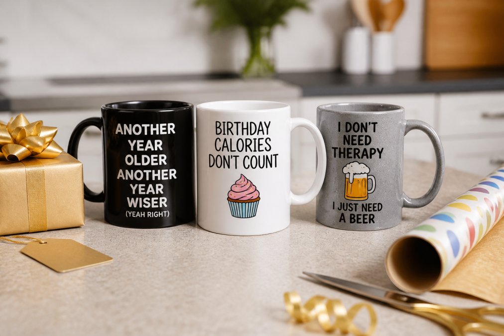 A flat lay of three different novelty mugs on a kitchen counter, each with a distinct humorous design, with a birthday gift box and wrapping paper nearby