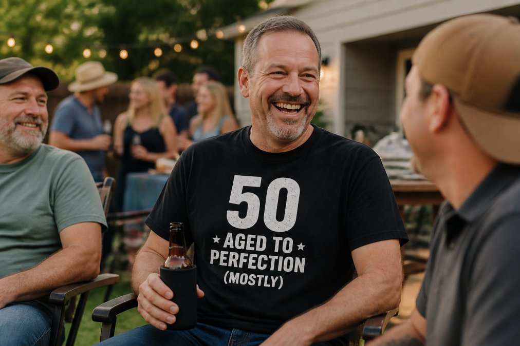 A man in his early fifties wearing a black graphic print birthday t-shirt with a sarcastic slogan, laughing with friends at a casual outdoor birthday party, holding a stubby, afternoon sunlight, relaxed backyard setting