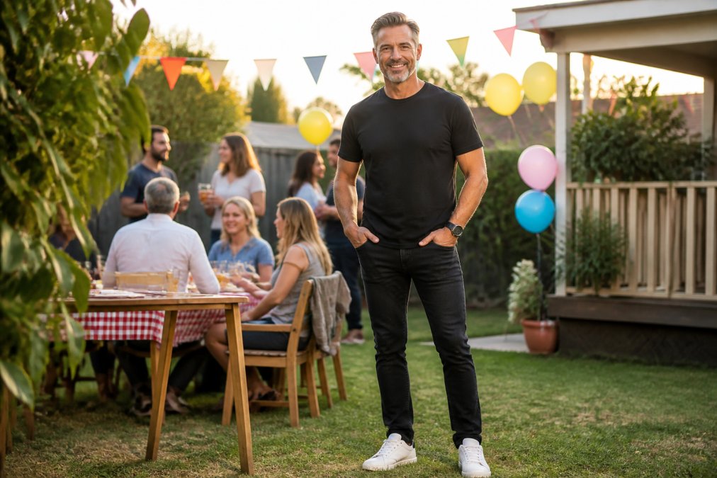 A man in his mid-forties wearing a black novelty birthday tee, dark slim-fit jeans and white casual sneakers, standing confidently at a backyard birthday celebration with bunting and balloons in the background, warm afternoon light