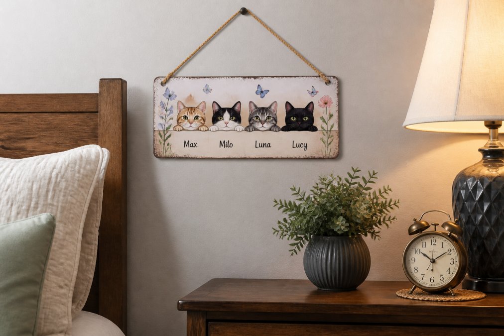 A personalized aluminum cat sign hanging on a bedroom wall above a nightstand, showing custom family cat names with decorative elements
