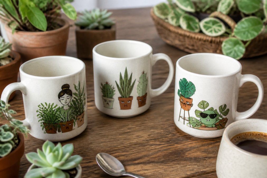 Flat lay of three ceramic coffee mugs with sassy plant parent designs displayed on a wooden surface with small potted succulents, fresh coffee cup, and botanical elements nearby