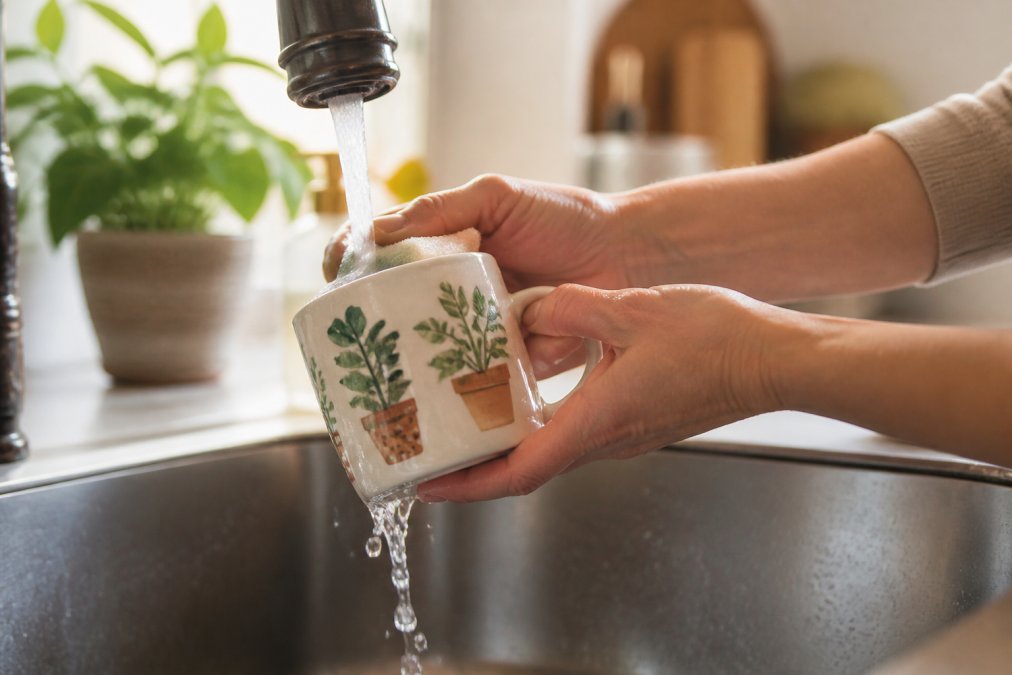 Hands gently washing a ceramic coffee mug with plant design under warm water at a kitchen sink, demonstrating proper care technique with soft sponge and natural lighting