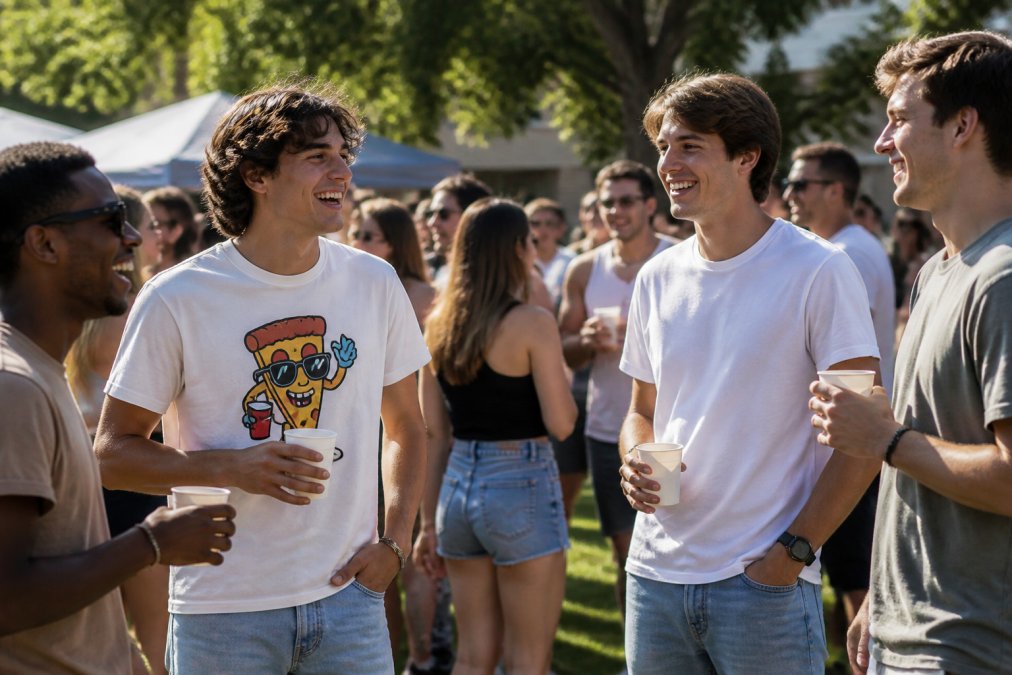 Group of college students at an outdoor party, one wearing a funny graphic t-shirt with a bold slogan, others in plain tees, laughing and talking, sunny campus setting