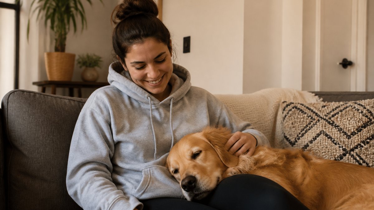 A smiling woman in her late 20s wearing a funny dog mom hoodie, sitting on a couch with her golden retriever resting its head on her lap, cozy living room setting with warm natural light