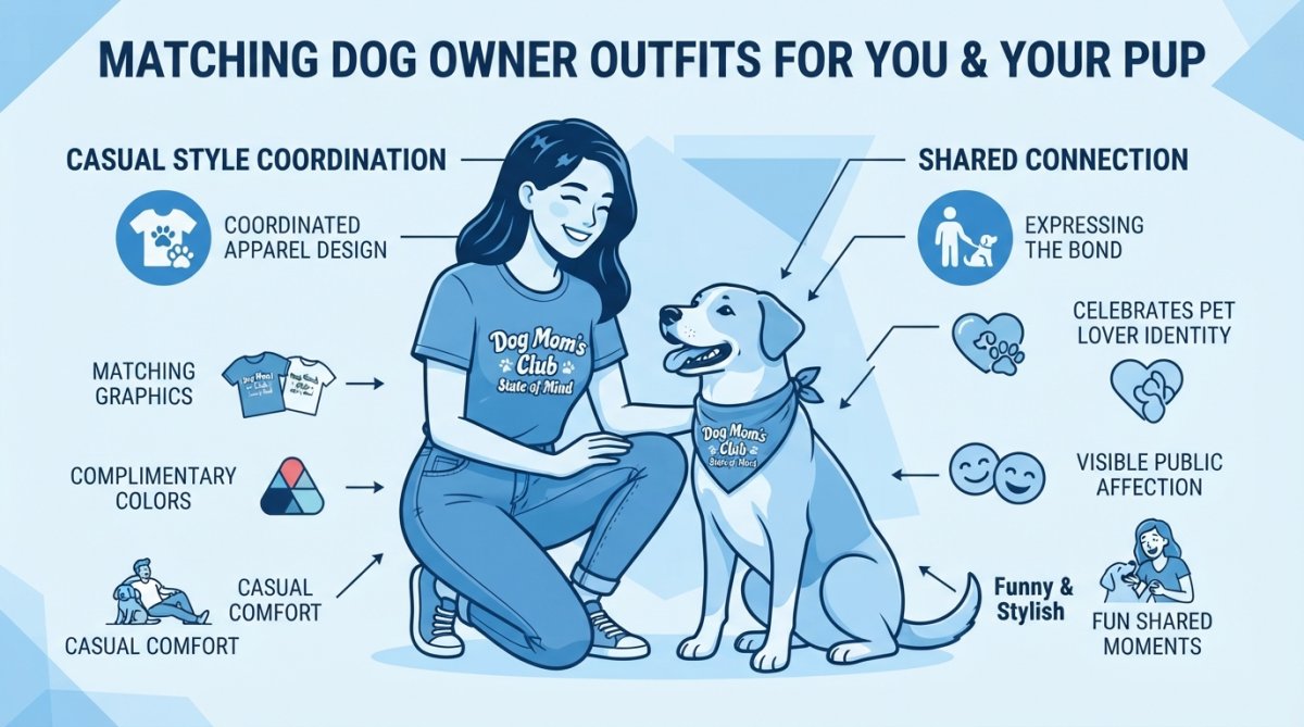 Pet parent and dog wearing coordinating casual outfits sitting together outdoors, both smiling, showing the bond and style