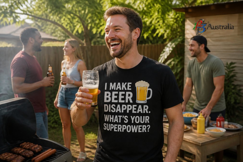 A man in his thirties laughing while holding a cold beer in a backyard setting, wearing a black novelty t-shirt with a funny beer slogan, with friends and a barbecue visible in the background