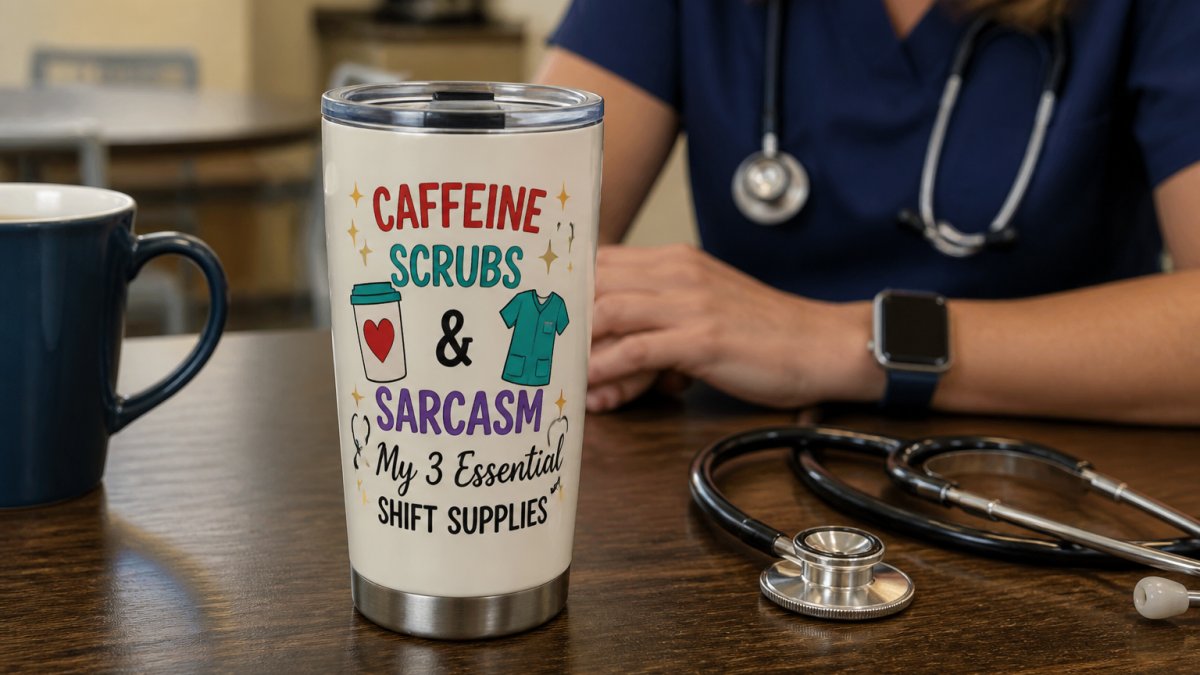 Infographic comparing funny gifts like nurse tumblers for 12-hour shifts alongside essential break room gear.