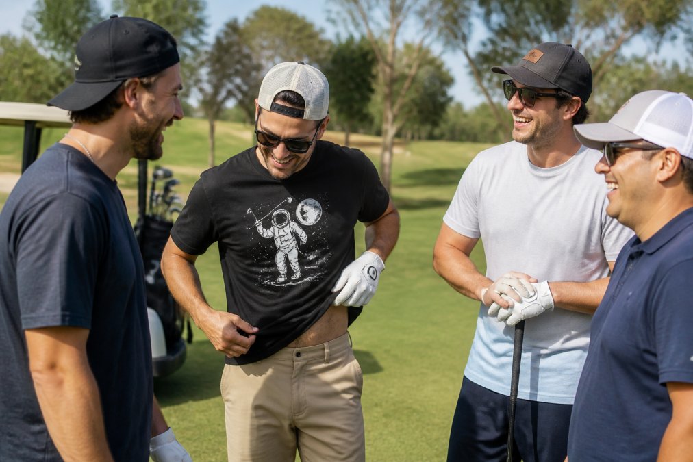 Group of four golfers on a sunny course laughing together while one adjusts his funny golf graphic tee, relaxed body language and genuine smiles, natural daylight