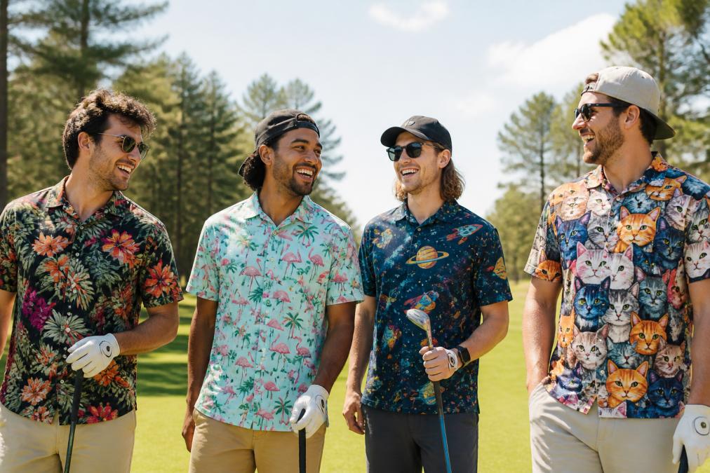 A group of weekend golfers on a sunny fairway wearing different colorful funny golf shirts, laughing and enjoying a casual round together with trees and blue sky in background