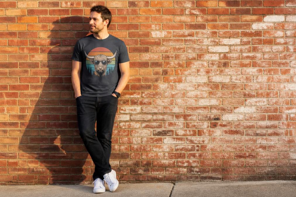 A relaxed adult in their early 30s wearing a retro-style graphic tee, standing casually with hands in pockets against a warm brick wall, styled with dark jeans and clean white sneakers, soft natural afternoon light