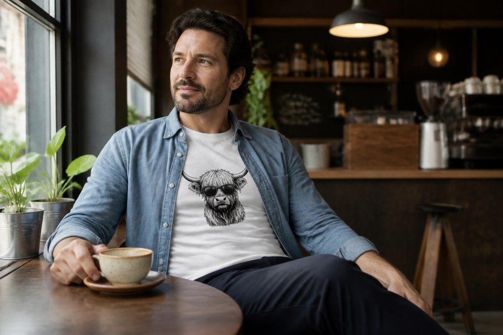 A man in his mid-30s wearing a minimalist graphic tee layered under an open button-down shirt with dark chinos, seated at a coffee shop table with a ceramic coffee cup, looking relaxed and put-together under warm indoor lighting