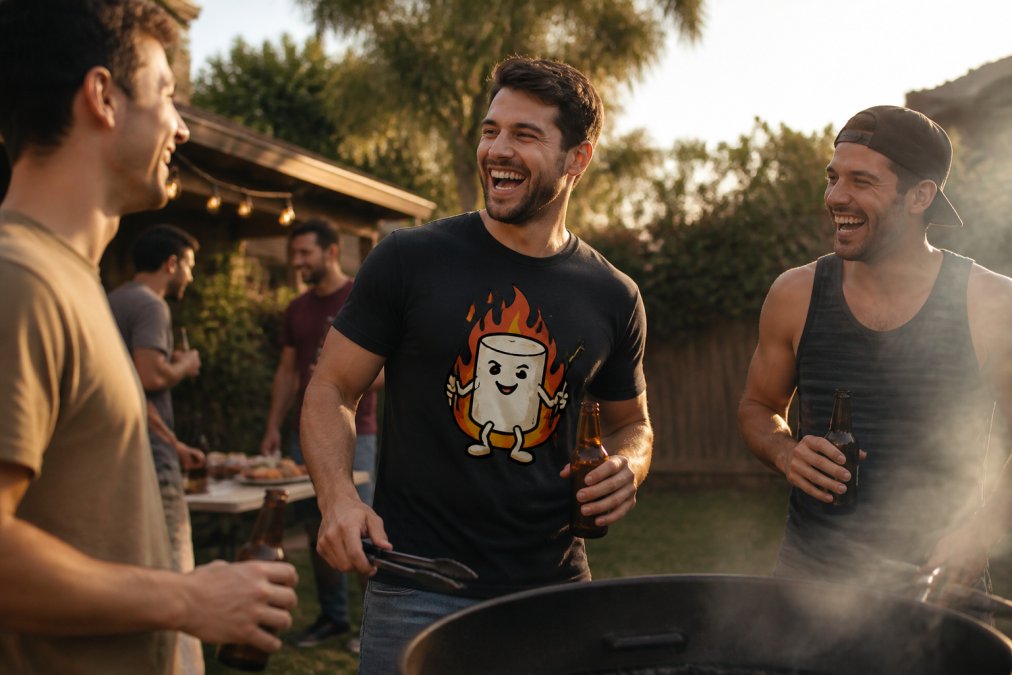 A group of young men laughing at a backyard barbecue at golden hour, one wearing a bold graphic t-shirt with a humorous slogan, holding drinks near a smoking grill