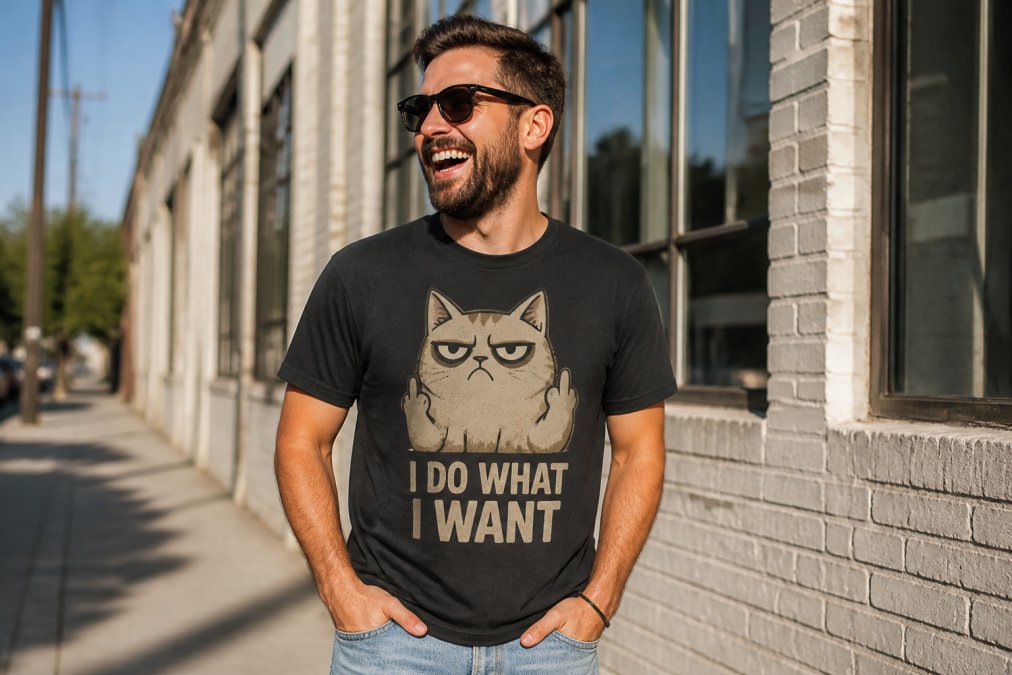 A relaxed man in his 30s wearing a bold crew neck graphic tee with a sarcastic slogan, standing outdoors in casual denim, laughing naturally in afternoon sunlight