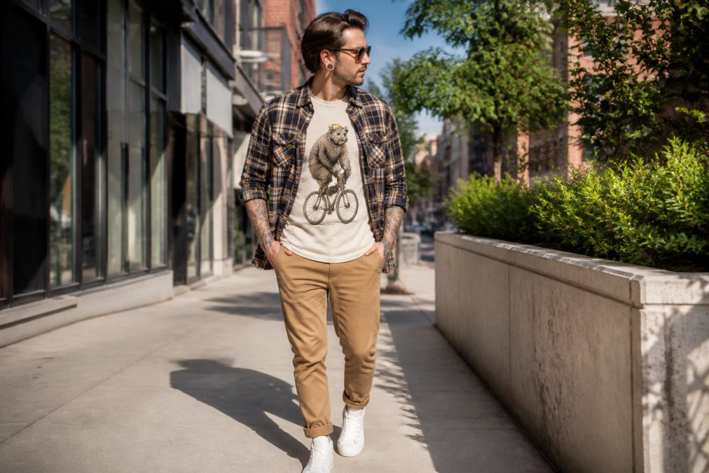A man styling a vintage-inspired graphic tee layered under an open flannel shirt, paired with chinos and clean sneakers, shot in a bright urban setting with natural daylight