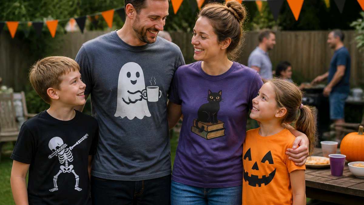 A family of four wearing coordinated but different Halloween graphic tees at a casual backyard party, smiling and relaxed