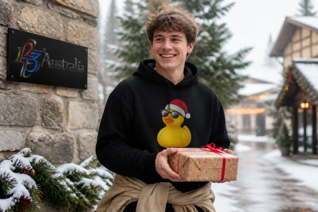 A smiling person in their twenties wearing a black pullover hoodie with a funny graphic print, holding a wrapped birthday gift, standing outdoors on a cool winter day with a light jacket tied around their waist