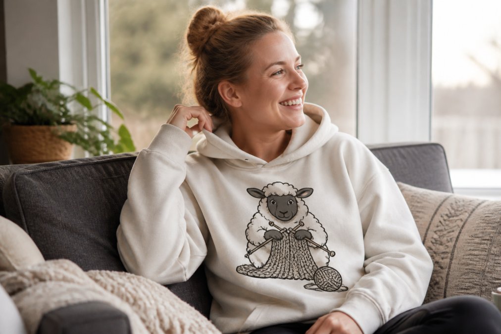 Person wearing funny knitwear hoodie with hand-drawn graphic, relaxed and smiling in cozy home setting with natural window lighting