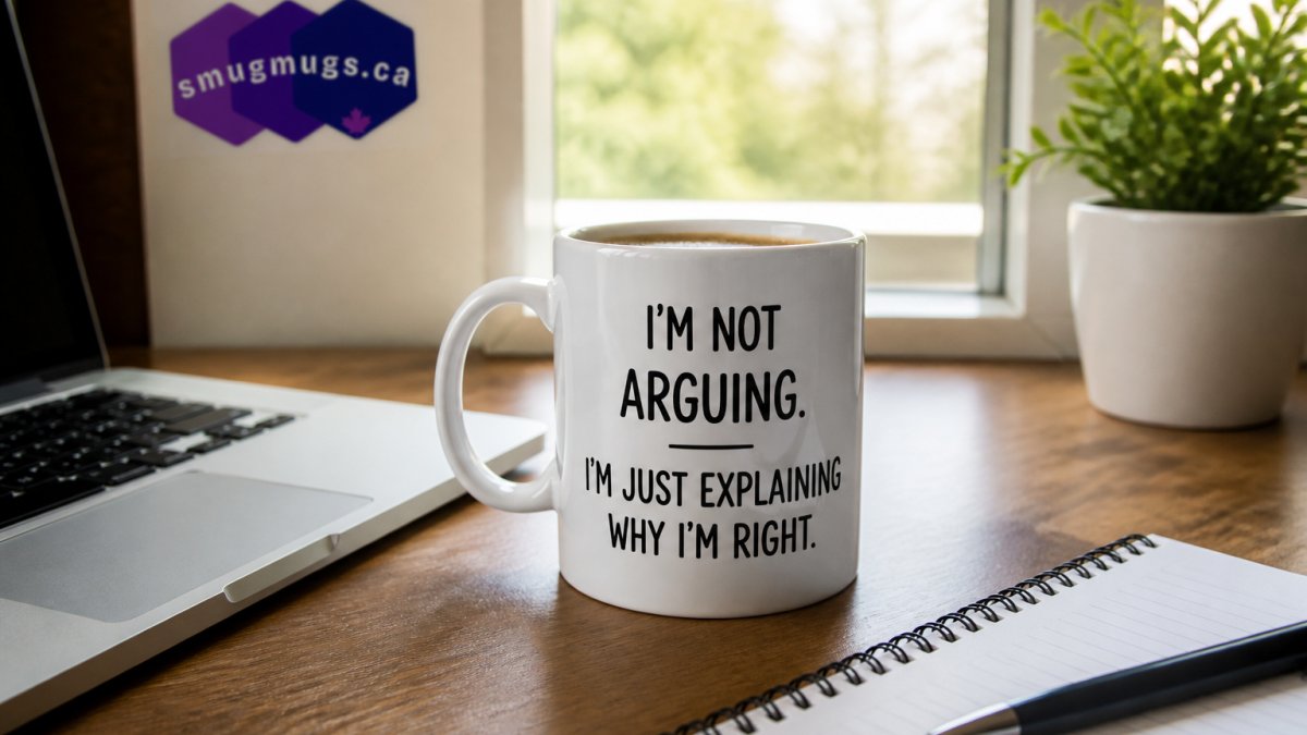 A close-up of a ceramic mug with a cheeky printed saying sitting on a tidy office desk beside a laptop and notebook, natural window light