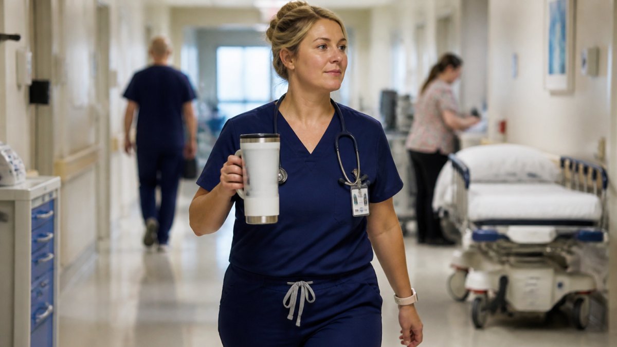 A nurse in scrubs holding a large insulated tumbler with a funny quote while walking down a hospital hallway during a busy shift
