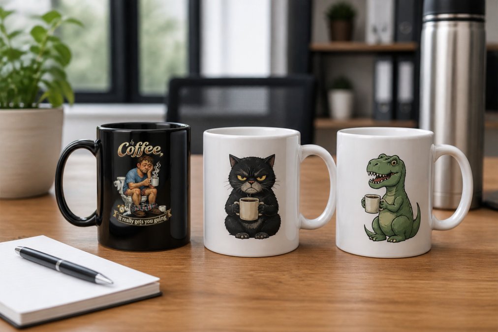 Three ceramic coffee mugs with different humorous designs arranged on a wooden desk next to a notebook, pen, and coffee thermos in a bright office setting with natural window light