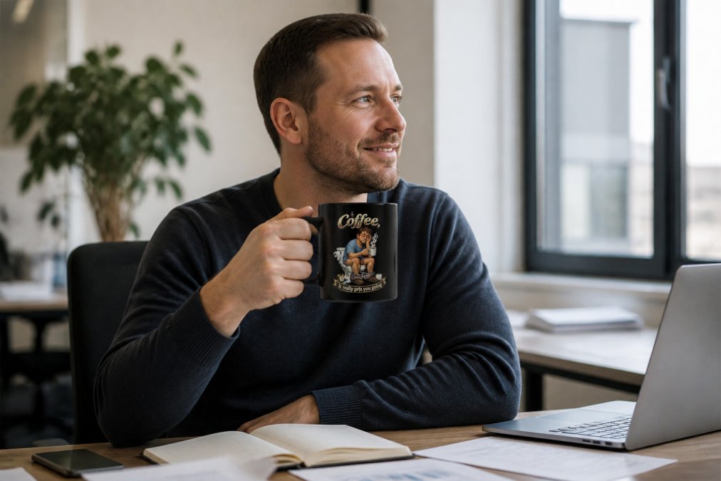 Office worker taking a break, holding a black ceramic mug with subtle humor design, sitting at desk with laptop and papers, afternoon natural light from office window