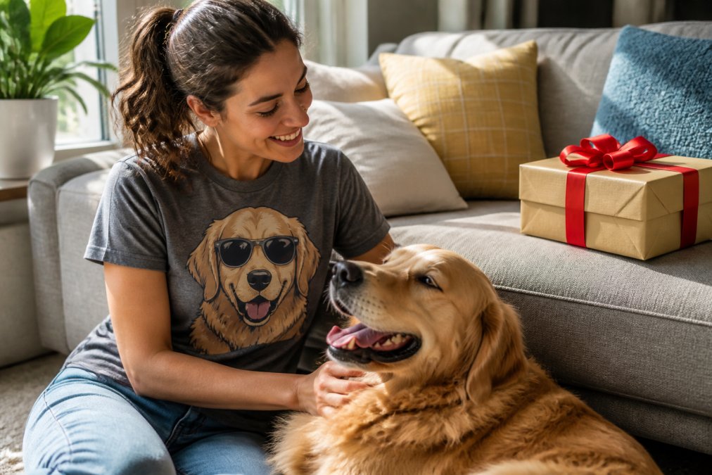 A smiling woman wearing a humorous dog-themed t-shirt while playing with her golden retriever in a sunlit living room, wrapped gift box nearby on the couch