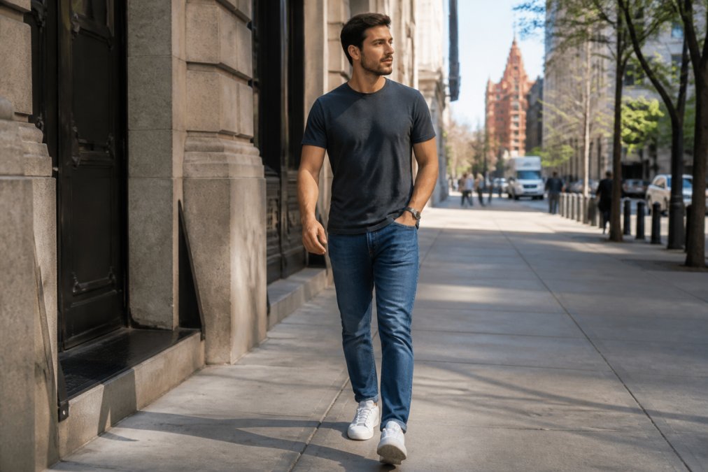Person wearing a political statement tee styled casually with jeans and sneakers, walking through a city street in daylight