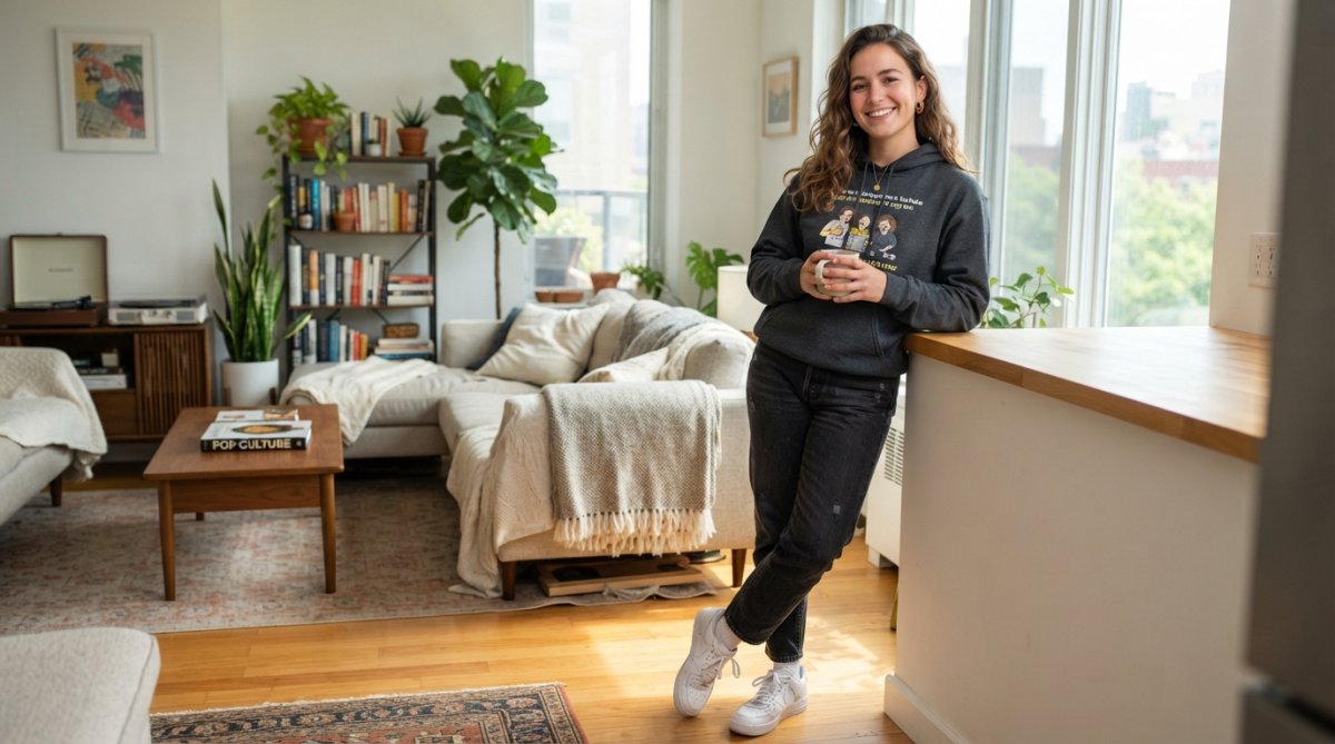 Person wearing a graphic hoodie styled with dark jeans and clean white sneakers in a bright, modern apartment setting with natural window lighting, showing relaxed casual everyday wear