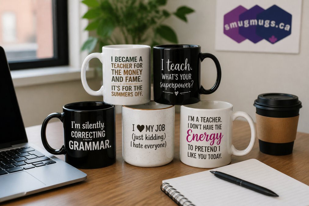 Collection of ceramic mugs with witty sarcastic teacher quotes displayed on a wooden desk beside a laptop and coffee cup, showing different print styles and humorous designs in natural office lighting