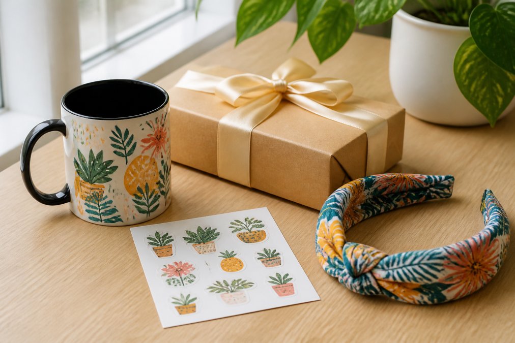 A flat lay photo on a light wood desk showing a colorful coffee mug, a small sticker sheet, and a patterned headband arranged next to a wrapped gift box with a simple ribbon, bright natural lighting from a nearby window