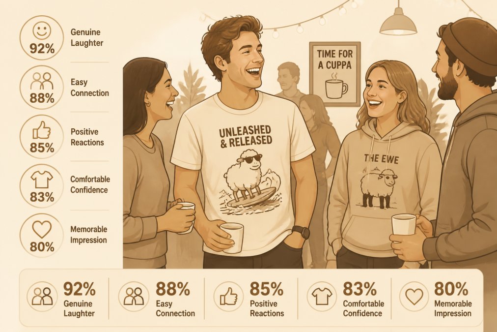 Person wearing a witty graphic tee at casual social gathering, laughing with friends in warm indoor lighting, showing genuine comfort and confidence
