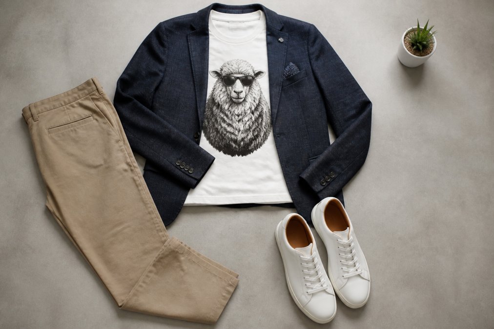 Flat lay of graphic tee paired with tailored chinos, casual blazer, and clean white leather trainers on neutral background, demonstrating smart-casual styling