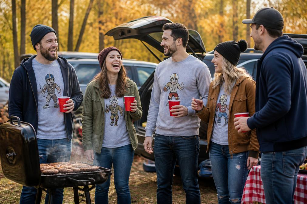 Group of friends at a tailgate party wearing humorous graphic tees layered under crewneck sweatshirts and jackets, jeans, and casual sneakers, laughing and standing around a portable grill with fall foliage and parked cars in the background
