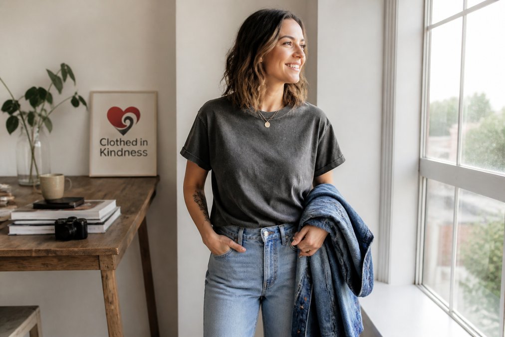 Person wearing a garment-dyed funny statement shirt tucked into jeans with a denim jacket in a bright room.