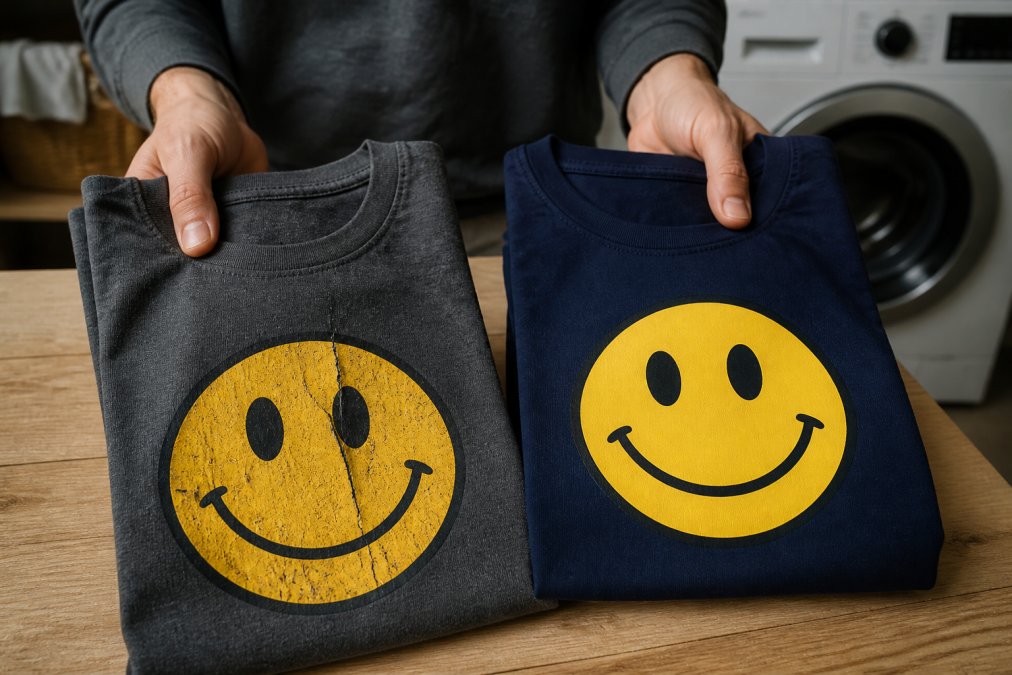A close-up of hands holding two graphic t-shirts side by side, one with a visibly cracked print and one with a crisp, intact design, on a wooden table with a washing machine blurred in the background