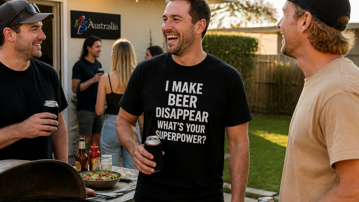 A man in a black novelty slogan T-shirt laughing with mates at a backyard barbecue, stubby holder in hand, warm afternoon light