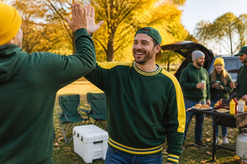 A smiling man in his 30s wearing a green and gold retro-style crewneck sweatshirt, high-fiving a friend at a sunny autumn tailgate party, a cooler and lawn chairs visible behind them