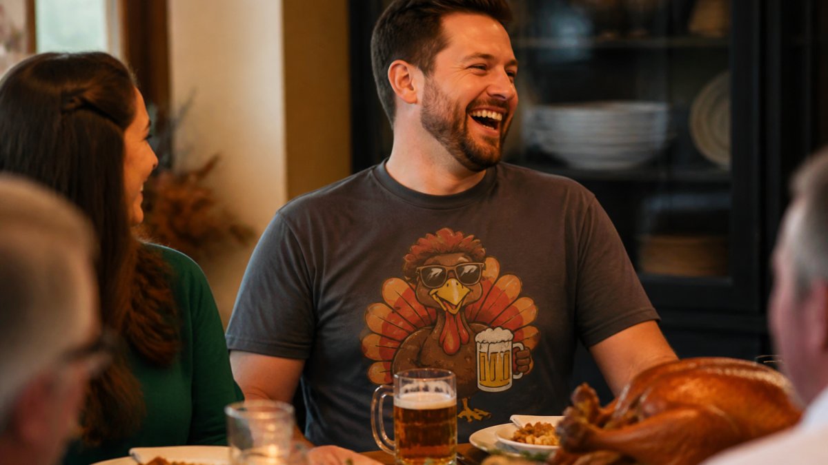 A person wearing a funny turkey graphic t-shirt laughing at a relaxed Thanksgiving table with plates and a beer mug in view