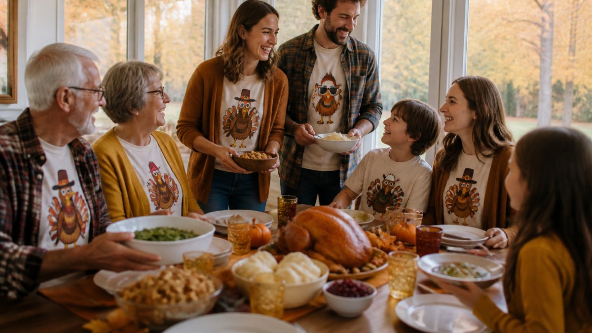 Multigenerational family gathered around a wooden Thanksgiving table wearing coordinated casual outfits in fall colors and funny graphic tees, laughing and passing dishes, natural afternoon lighting through large windows