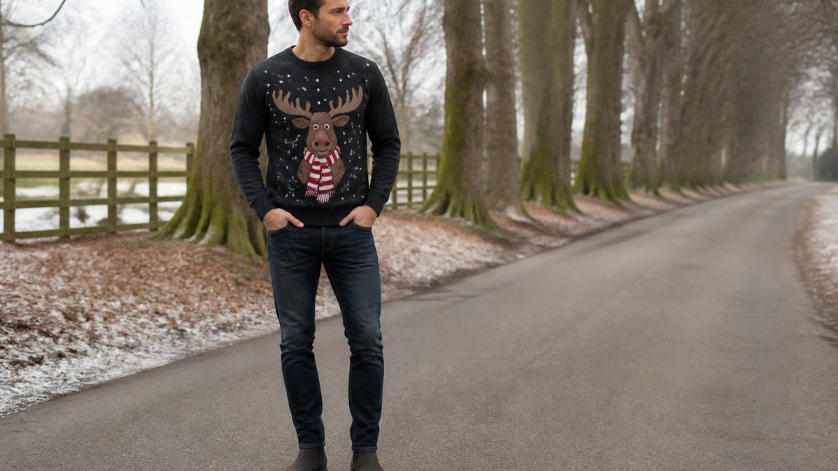 Person wearing a graphic funny winter sweater with dark jeans and ankle boots, standing outdoors on a mild winter day with soft natural lighting and bare trees in background