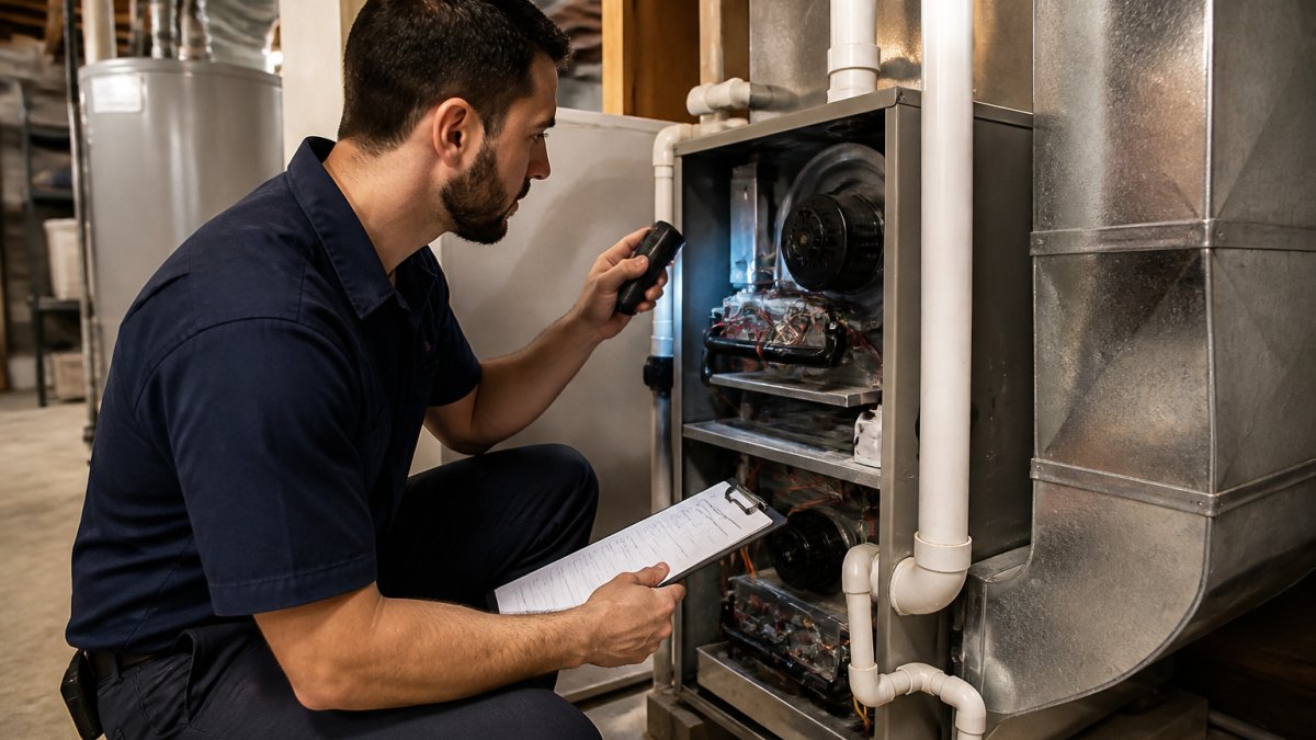 Professional HVAC technician in uniform inspecting a residential furnace system in a basement, holding a diagnostic tool and clipboard, examining the unit under bright work lighting